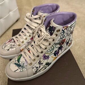 Gucci Floral High-Top Sneakers in Cream and Purple